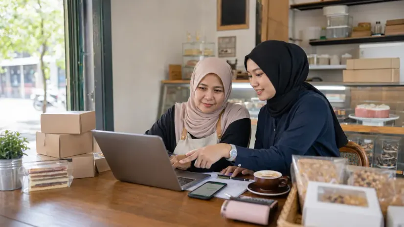 Malaysian small business owners reviewing their new website on a laptop